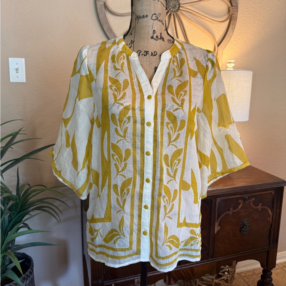 Fig+Flower Boho Yellow and White Print Button-Up Blouse
